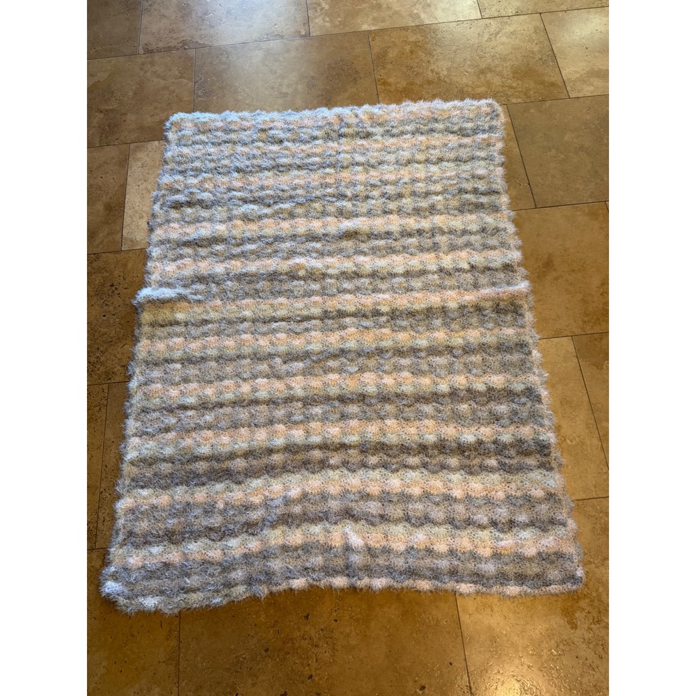 Vintage Handmade Fuzzy Boucle Yarn Blanket Throw Gray Blush Pink Cream 43"x68"